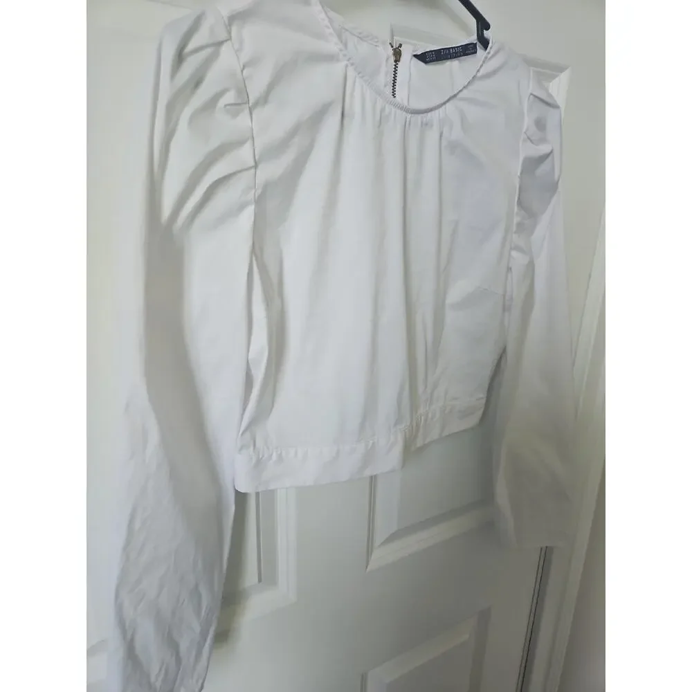 Zara Basic White Puff Sleeve Crop‎ Top Blouse Exposed Back Zipper Womens Medium